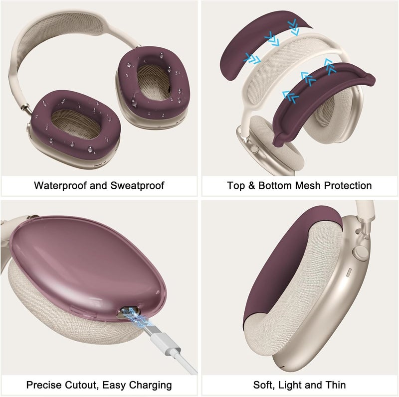 MINDRESY [4 in 1] Silicone Case Cover for AirPods Max, Clear Soft TPU Ear Cups Cover/Ear Pad Case Covers/Headband Covers Transparent Accessories for Apple AirPods Max (2024/2020)(USB-C/Lightning), Burgundy - Image 5